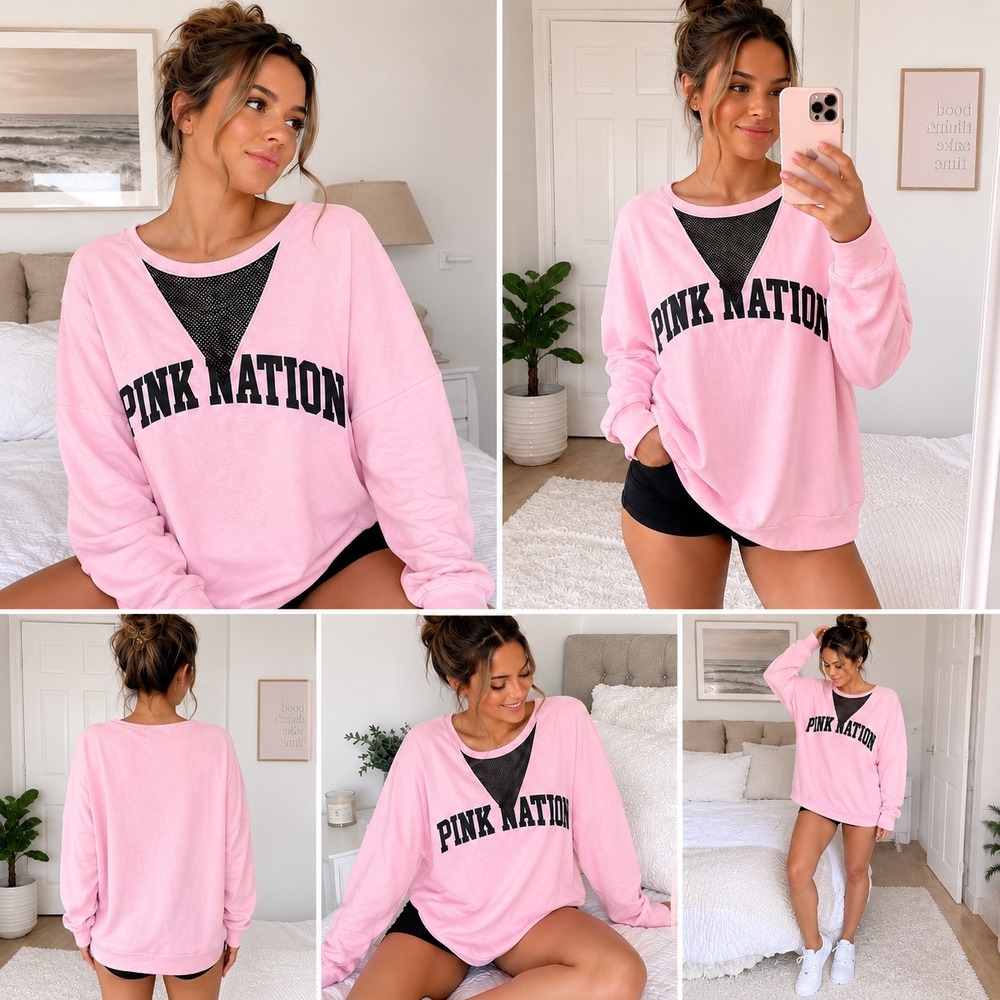 PINK Victoria's Secret Sweatshirt Womens L Pink Mesh V-Neck Nation Pullover